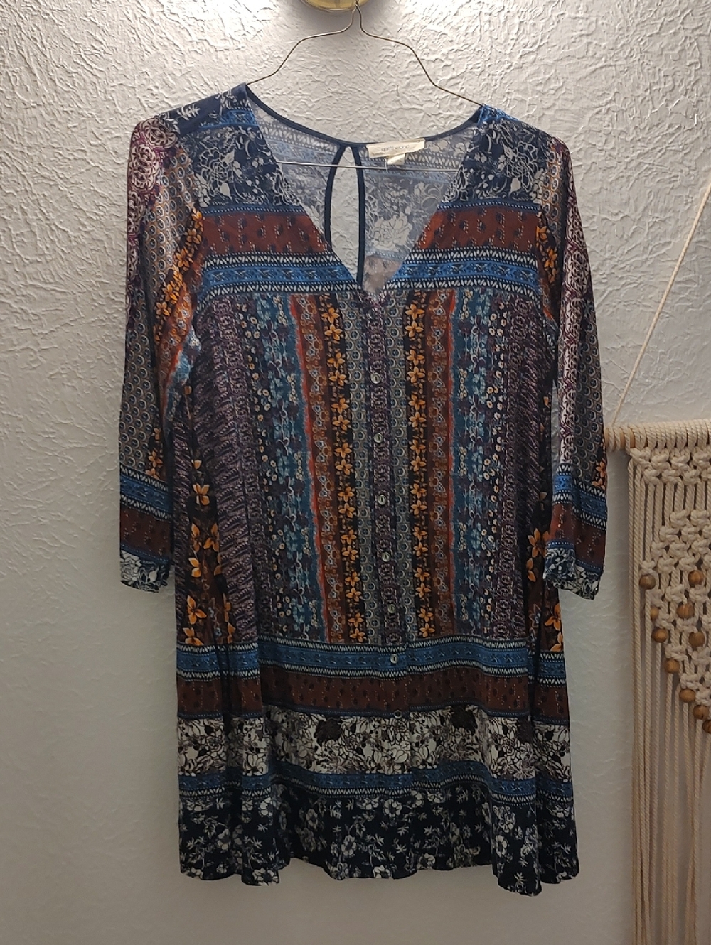 Boho Printed Split-Neck Tunic Top in Blue and Brown